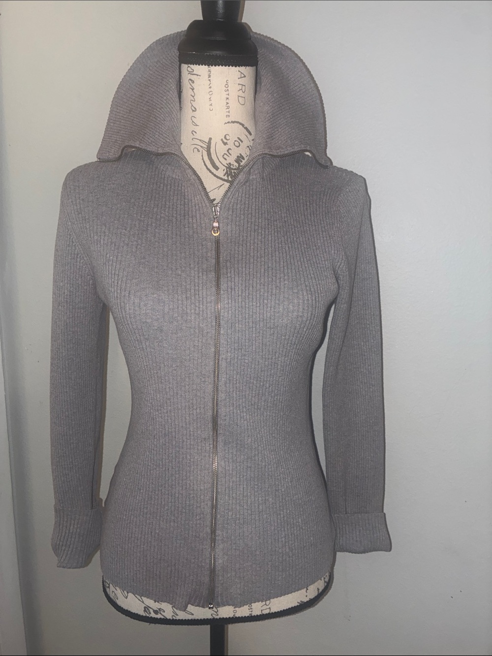 LOFT Gray Ribbed Zip-Up Hoodie Cardigan